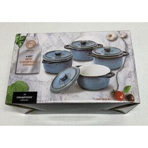 Set of 4 mini casserole ramekin w/ lids Master Chef baking dishes bowls blue
